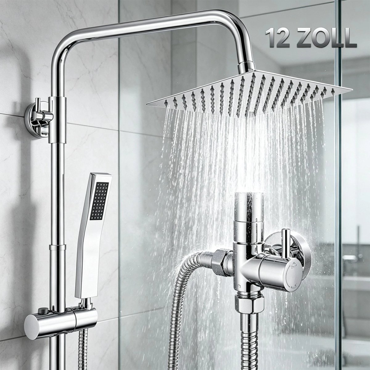 DERW Max Doucheset Zonder kraan - 12 inch Regendouche - Complete Douchesysteem met Douchestang, Douchekop, Slang en Houder - Vierkant Doucheset - Waterbesparend - Chroom