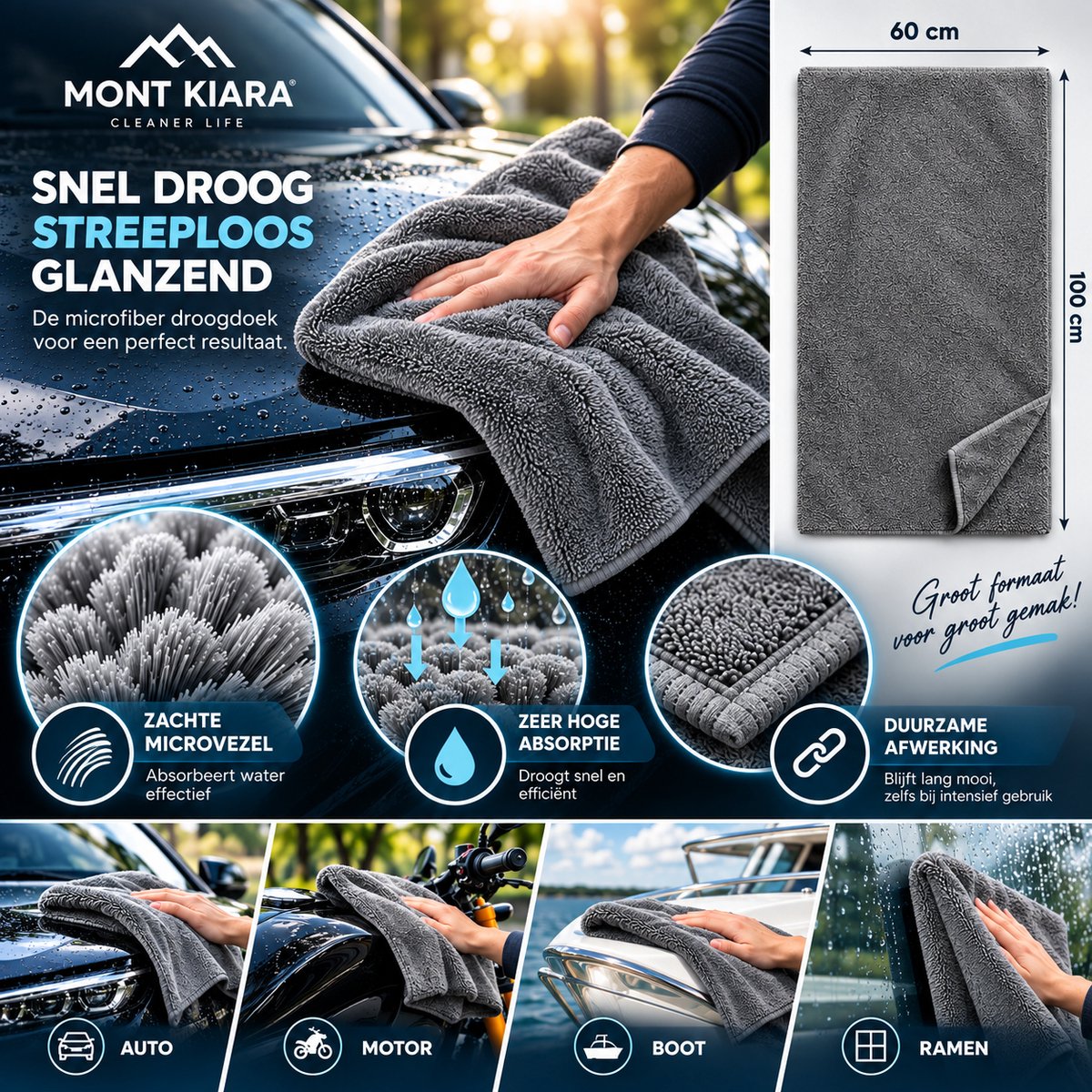 Mont Kiara Microvezel Droogdoek Auto XXL 60x100 cm – Microfiber Droogdoek – Streeploos & Krasvrij – Sterk Absorberend – Voor Auto, Motor, Boot & Ramen – Grijs