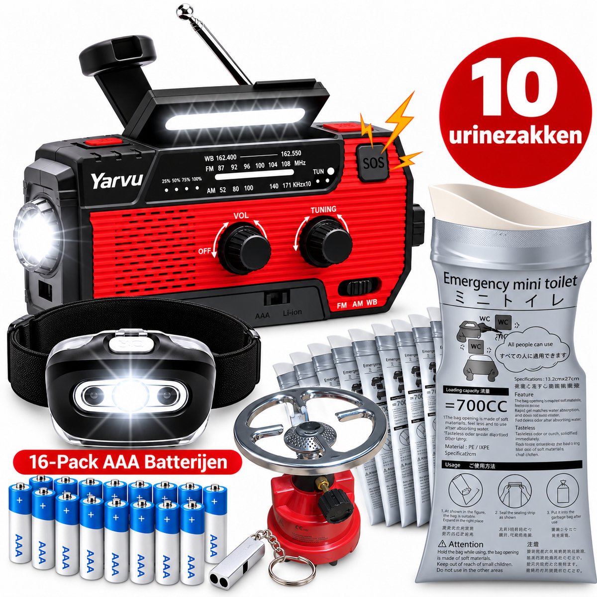 Noodpakket - Noodradio op Batterijen + HoofdLamp LED op Batterijen + Gasbrander + 10 Urinezakken + 16 Pack aaa Batterijen + Noodfluit - Nood pakket - 6 in 1 Nood Radio - SOS - Rood