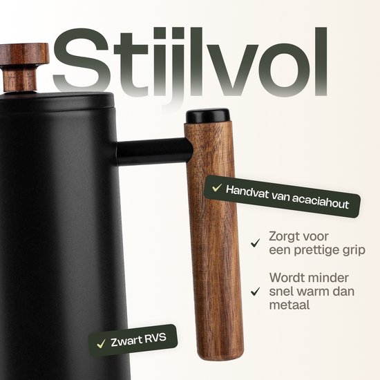 Close-up van zwarte VDN koffiezetter met acaciahouten handvat.