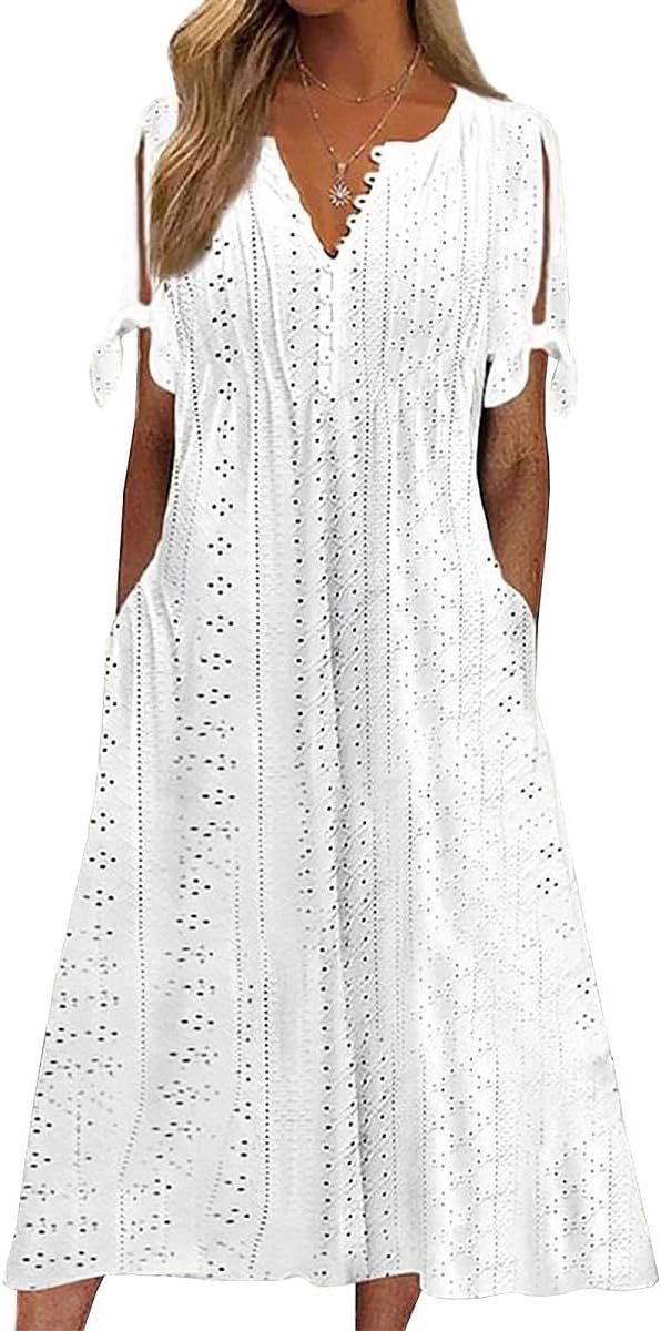 Zomerse lange damesjurk met V-hals en korte mouwen met knopen, casual strandjurk, elegant, Bohemian A-lijn