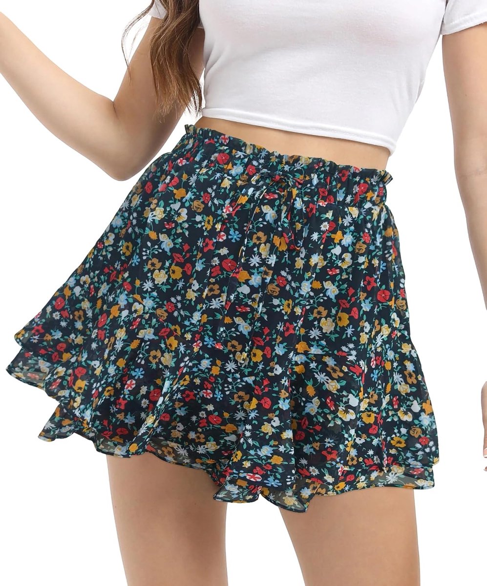 Broekrok voor dames, shorts, zomer, chiffon, rok, hoge taille, dubbellaagse ruches, licht, strandrok, vakantie, korte zomerrok