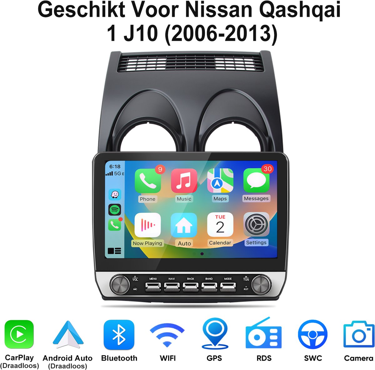 Junsun Android 15 Autoradio Geschikt Voor Nissan Qashqai 1 J10 (2006-2013) Accessoires - 2GB+64GB - Draadloze CarPlay & Andriod Auto - GPS-navigatiesysteem - Bluetooth - Stuurwielbediening - WiFi - 10.1 Inch Touchscreen - RDS - USB
