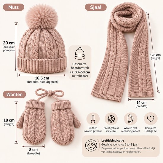 Roze gebreide winterset voor kinderen: muts met pompon, wanten en sjaal. Muts omtrek 33-50cm, sjaal 128x14cm, wanten 18x8cm.