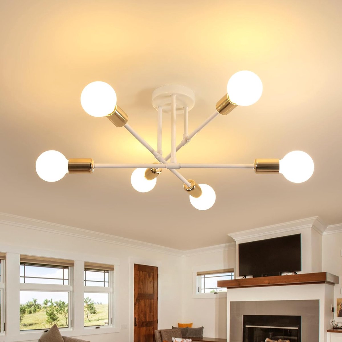 Plafondlamp Vintage, 6 Vlammen E27 60 cm Plafondlamp Sputnik Kroonluchter Modern voor Woonkamer Eetkamer Keuken Hal, Wit & Goud Max. 60 W (zonder lampen)