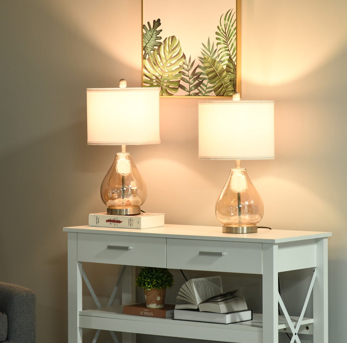 MEUNIQ set van 2 tafellampen Ø 30 x 56 cm met E27-fitting, wit linnen lampenkap, amberkleurig glas en stalen voet voor slaapkamer en woonkamer