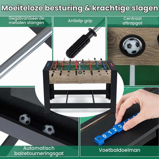 Gedetailleerde beelden van de tafelvoetbaltafel met gegalvaniseerde stangen, antislip handvatten en centrale aftrap opening.