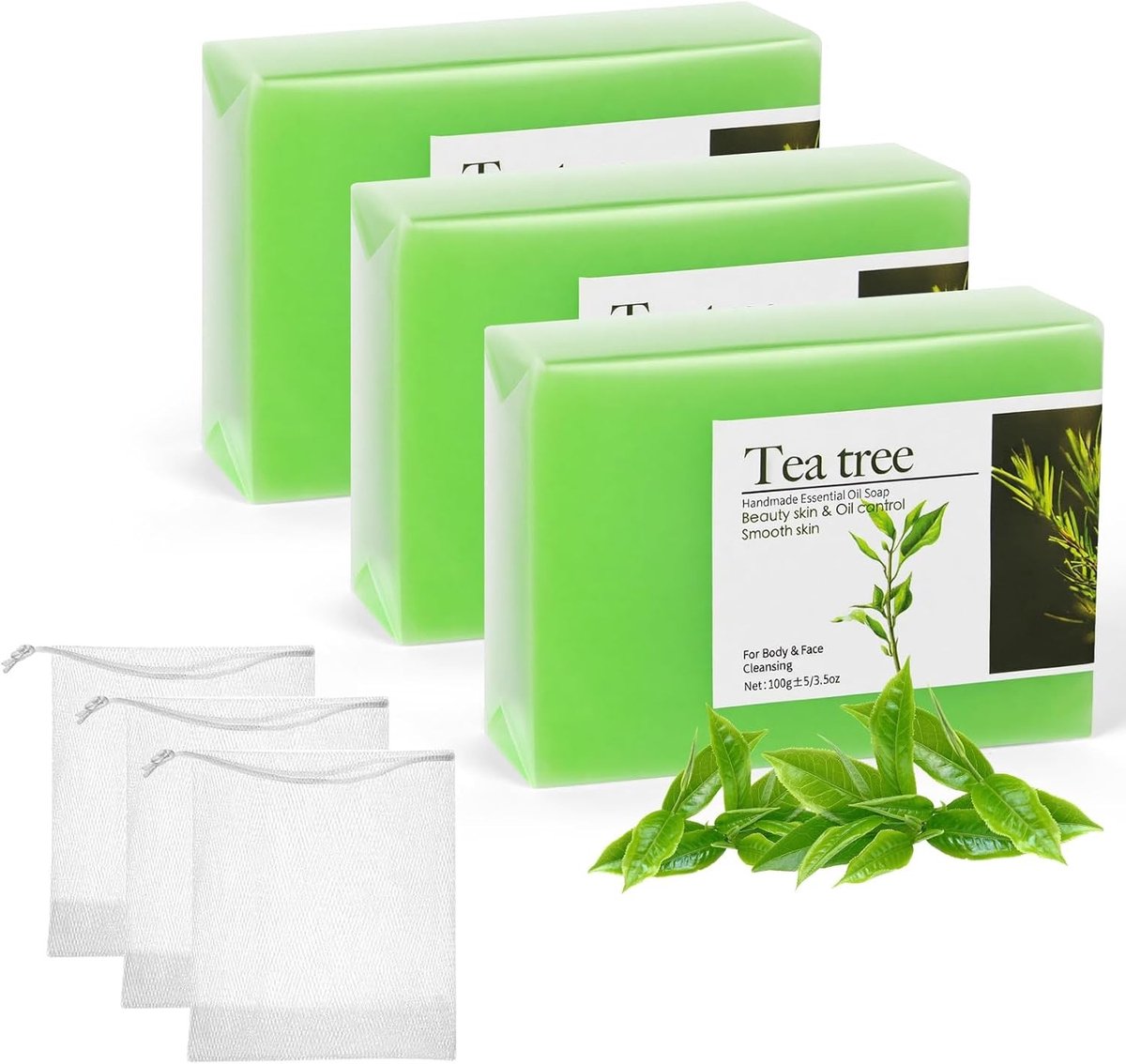 Natuurlijke Tea Tree Olie Zeep Set van 3 met 3 Schuimnetten voor Huid, Haar en Gezicht - Geschikt voor Alle Huidtypes (3 x 100g)