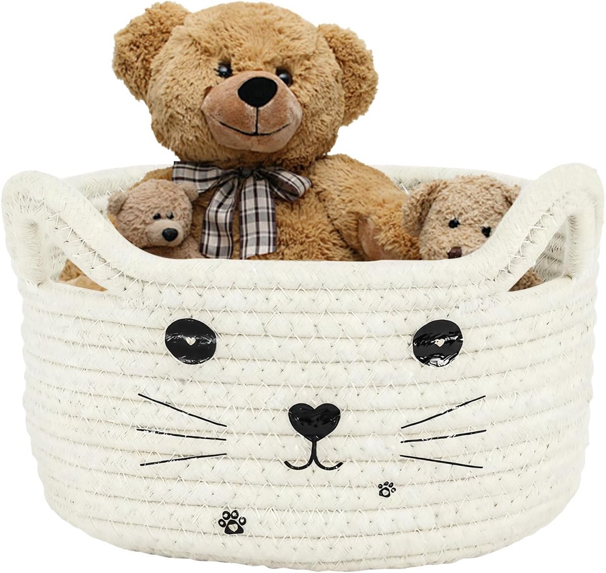 Opbergmand voor kinderen, witte speelgoedmand, katoenen touw, opbergmand voor kinderkamer, schattige kattenvorm, gevlochten mand, voor het opbergen van handdoeken, kleding, speelgoed