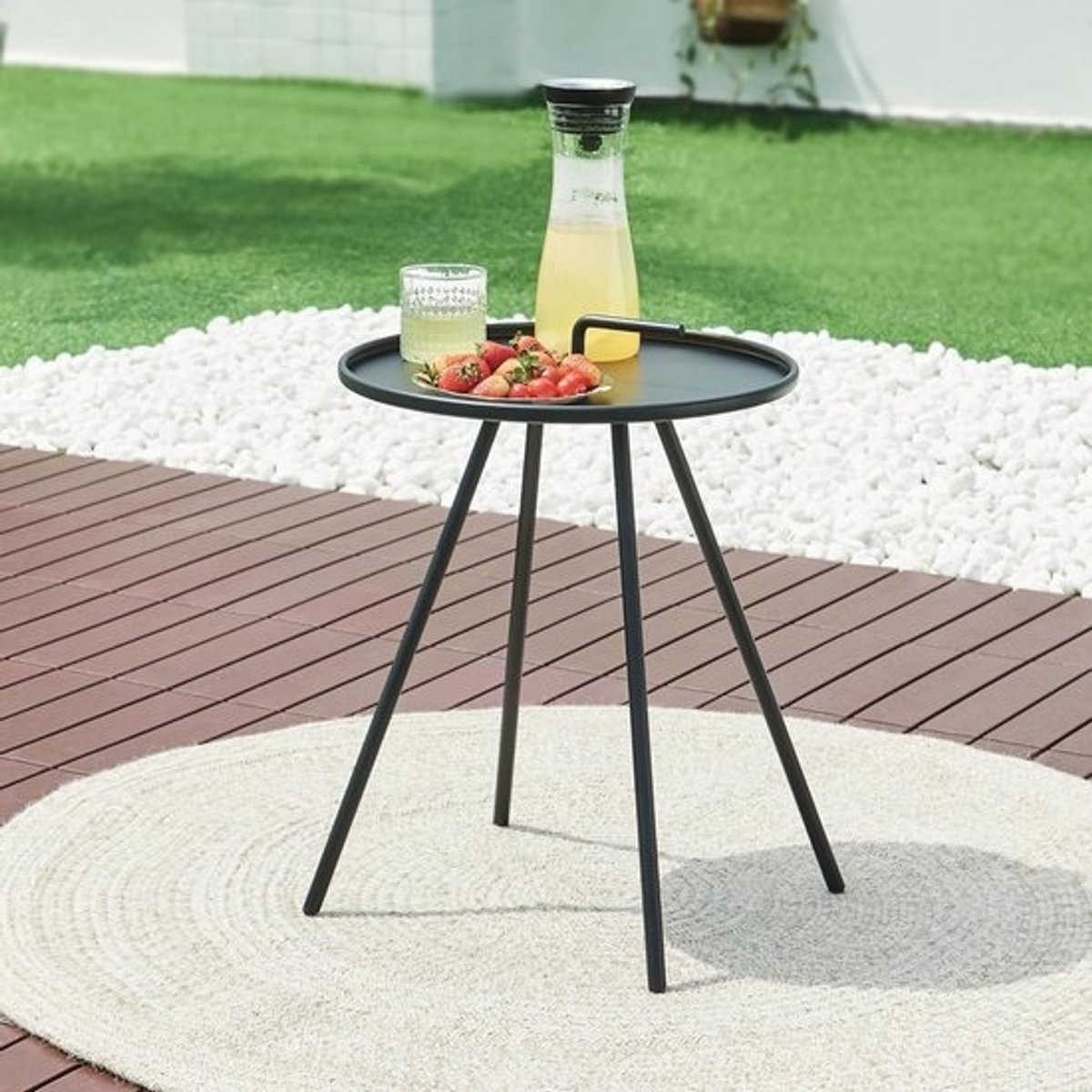 Ronde Zwarte Bijzettafel Tuin en Balkon met Draaggreep Ø42 cm