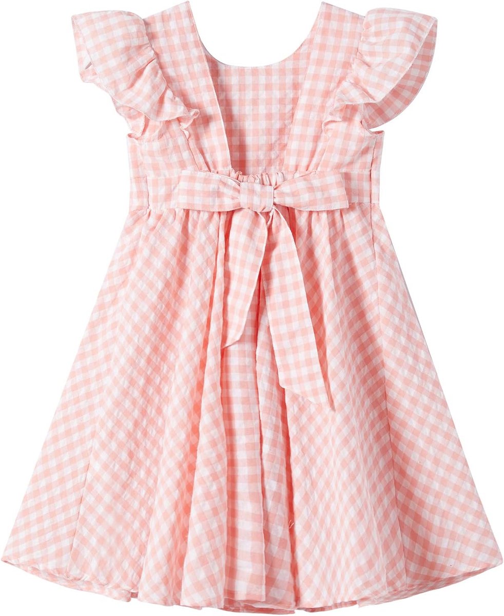Baby Meisjes Flutter Mouw Katoen-Linnen Jurk Elastische Taille Boog Kinderen Casual Jurken