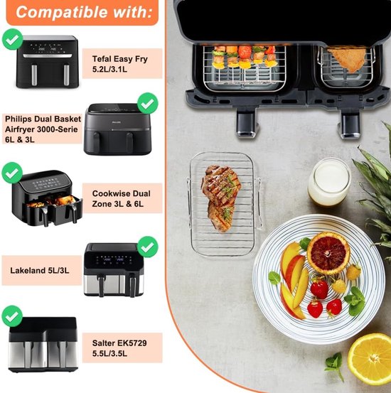 Accessoires voor Philips Dual Basket 3000-serie, 9L/Tefal 5,2/3,1 L Easy Fry, 2 stuks luchtfriteusestandaard met 5 spiesen, airfryer-accessoires voor Tefal EY9018/Philips — afbeelding 2