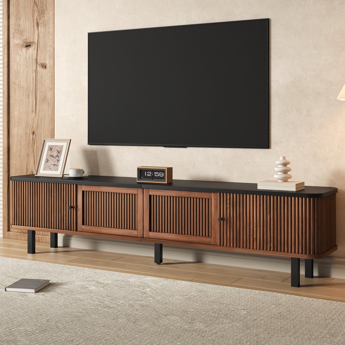 MUVANO Moderner TV-Schrank, TV-Ständer, TV-Paneel, niedriger TV-Schrank. Zwei Schiebetüren-zwei Gittertüren- einzigartiges Design. 190 x 35 x 45 cm (L x B x H) Notenhout