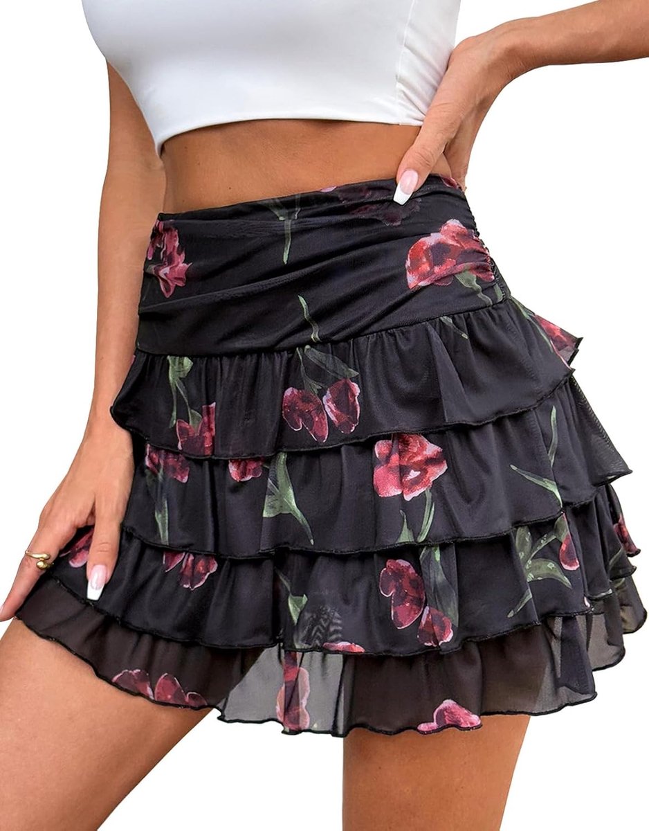 Mini-rok met ruches voor dames, elastische taille, gelaagde mesh-rok met shorts