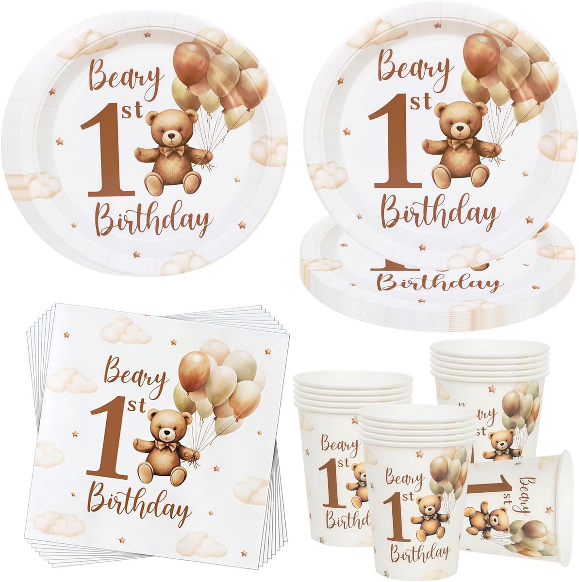 1e verjaardag feestservies voor 16 gasten, teddybeer feestborden feestdecoratie servies, Beary 1e verjaardag beer papieren borden papieren bekers servetten, beren feestdecoraties 1e verjaardag