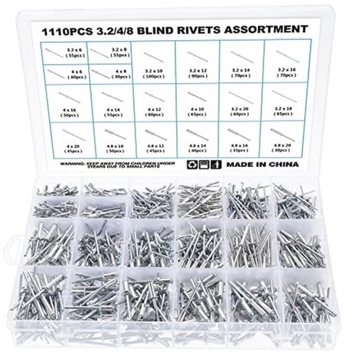 1110 Stuks Blinde Klinknagels Assortiment - Aluminium Klinknagels Set van 20 Maten