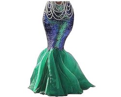 SANSIWU Women's Mermaid Tail Costume Sequins Maxi Skirt Metal Holographic Scales Print Slim Fit Mermaid Skirt with Pearl Chain for Cosplay Party