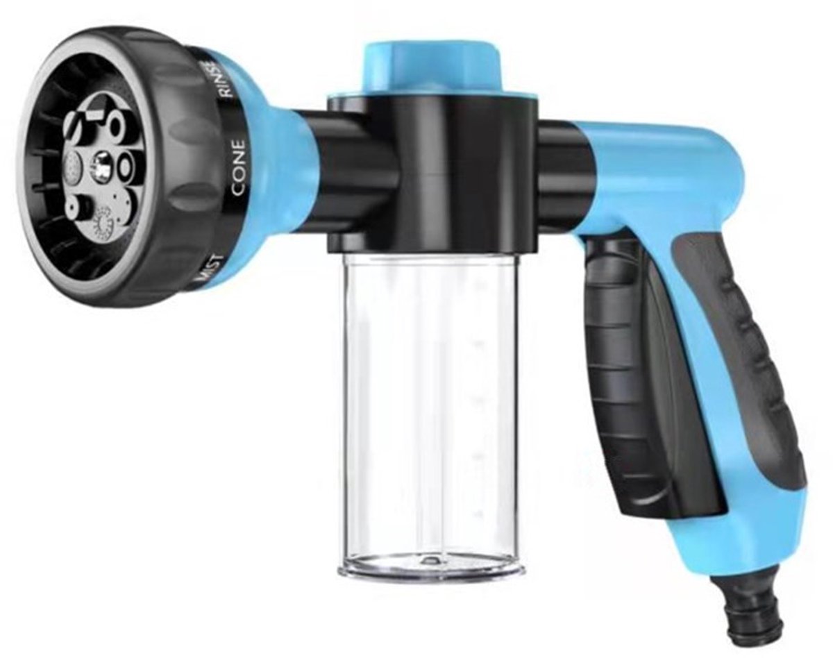 Douchesproeier voor honden – Verbeterde 8-in-1-standen – Hondenshampoosproeier – Inclusief zeepdispenser van 100 ml – Geschikt voor het wassen van huisdieren en het besproeien van gazons, terrassen en auto's – Blauw