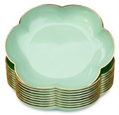 Groene kunststof gebaksborden 10 delige set – bloemvormige plastic dessertborden met goudkleurige rand – bordjes voor gebak, dessert, fruit, salade, hapjes, picknick, bruiloft en feest