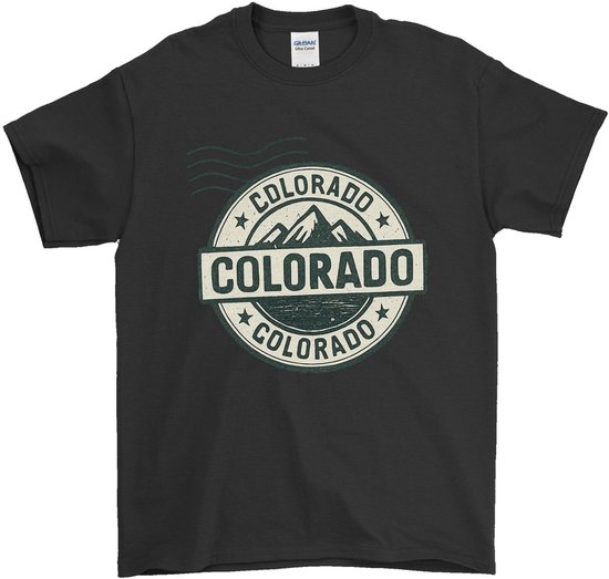 Zwart T-shirt met "Colorado" print in cirkelvorm met bergen.