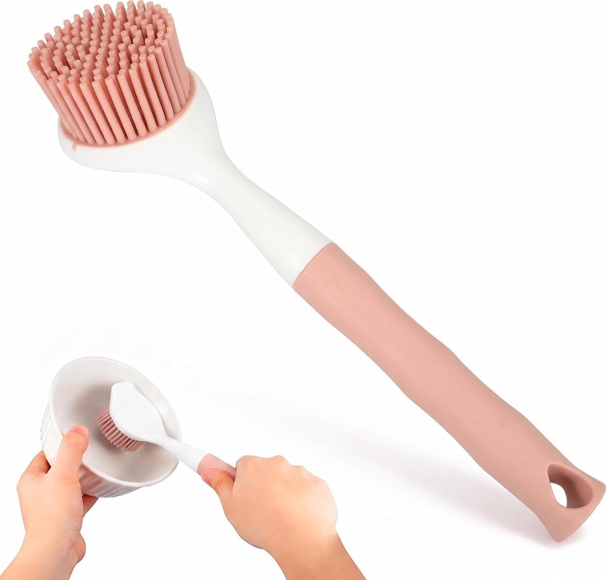Siliconen Potborstel voor Keuken - Handige Afwasborstel met Handvat en Schrobborstel voor Pannen en Afwas - Roze Keukenaccessoire