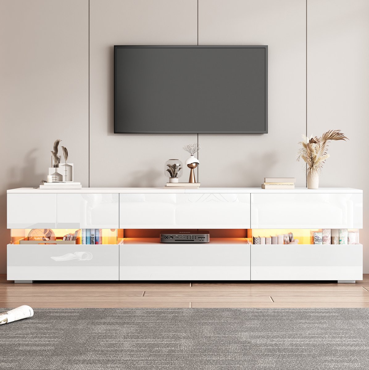 MEUNIQ TV-meubel 160 x 39 x 45 cm met LED-verlichting, 2 deuren, 1 lade, open vak en push-open bediening voor tv tot 70 inch, wit hoogglans