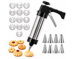 Koekjespers Pistool Set van roestvrij staal - Koekjespers Pistool – Koekjes Spuit Set - Koekjesvormpjes - Koekjesvormen - Koekjespers Met 13 Koekjesschijven En 8 Spuitmonden - Herbruikbare Spuitzak - bakgereedschap