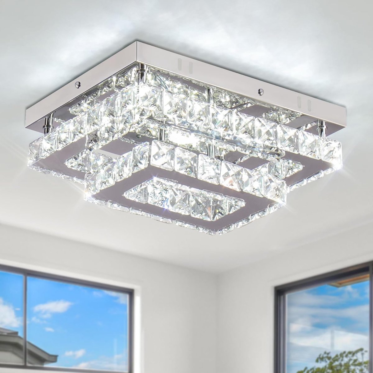 Led-kristallen plafondlamp, moderne rechthoekige plafondlamp, K9 roestvrij staal, kroonluchter, voor woonkamer, slaapkamer, eetkamer, koud wit