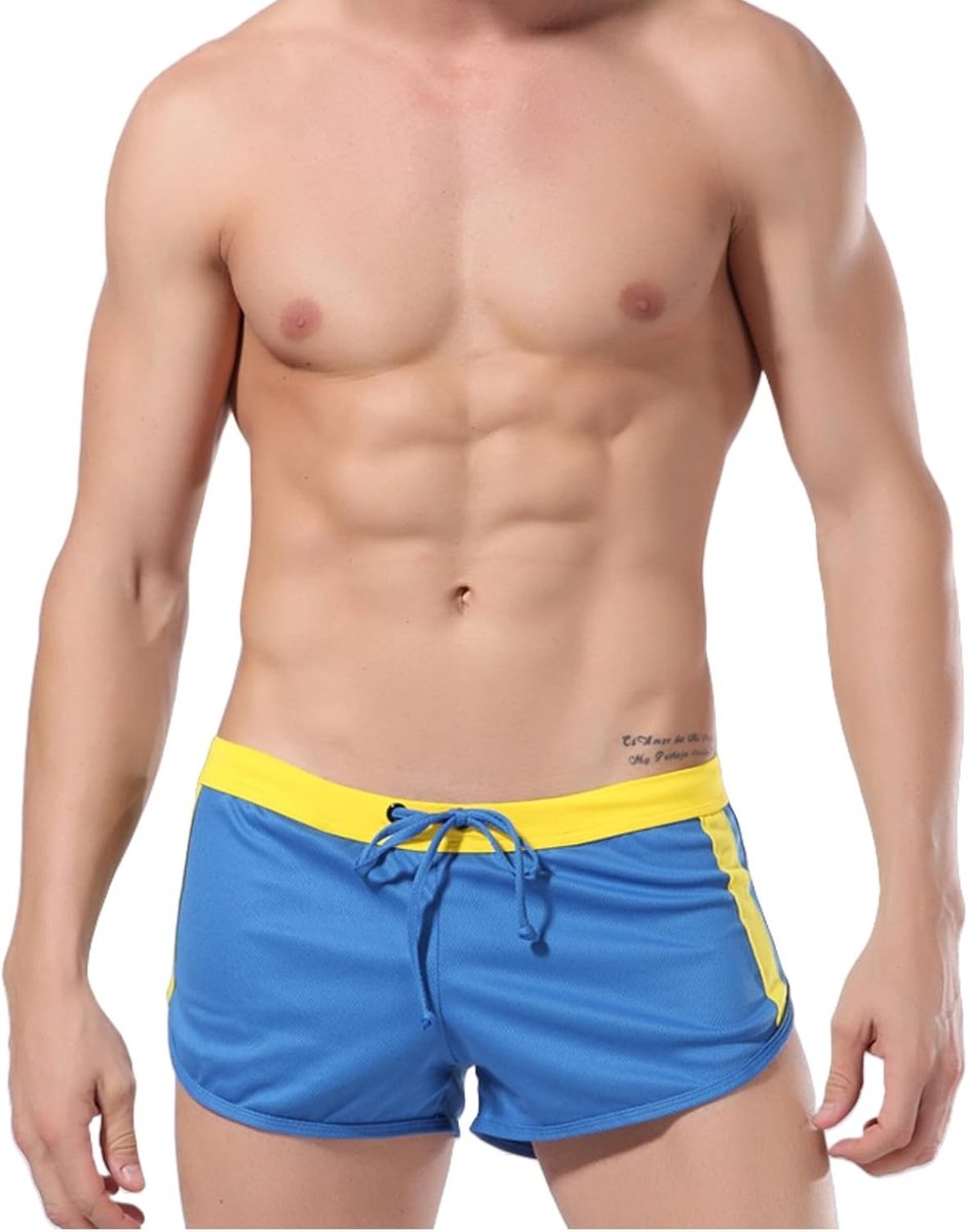 Zwarte Zwemshort voor Mannen met Rode Taille en Zijkanten, Verstelbare Trekkoord, Maat M