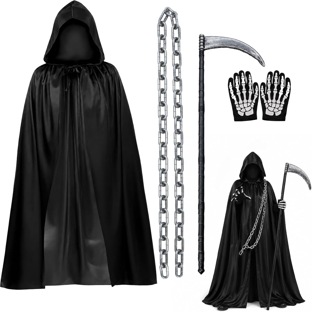 Accessoires - Sense Death & 300 cm ketting & schedel handschoenen set, Halloween Sense Sikkel Sensenmann volwassenen kinderen kostuumaccessoires
