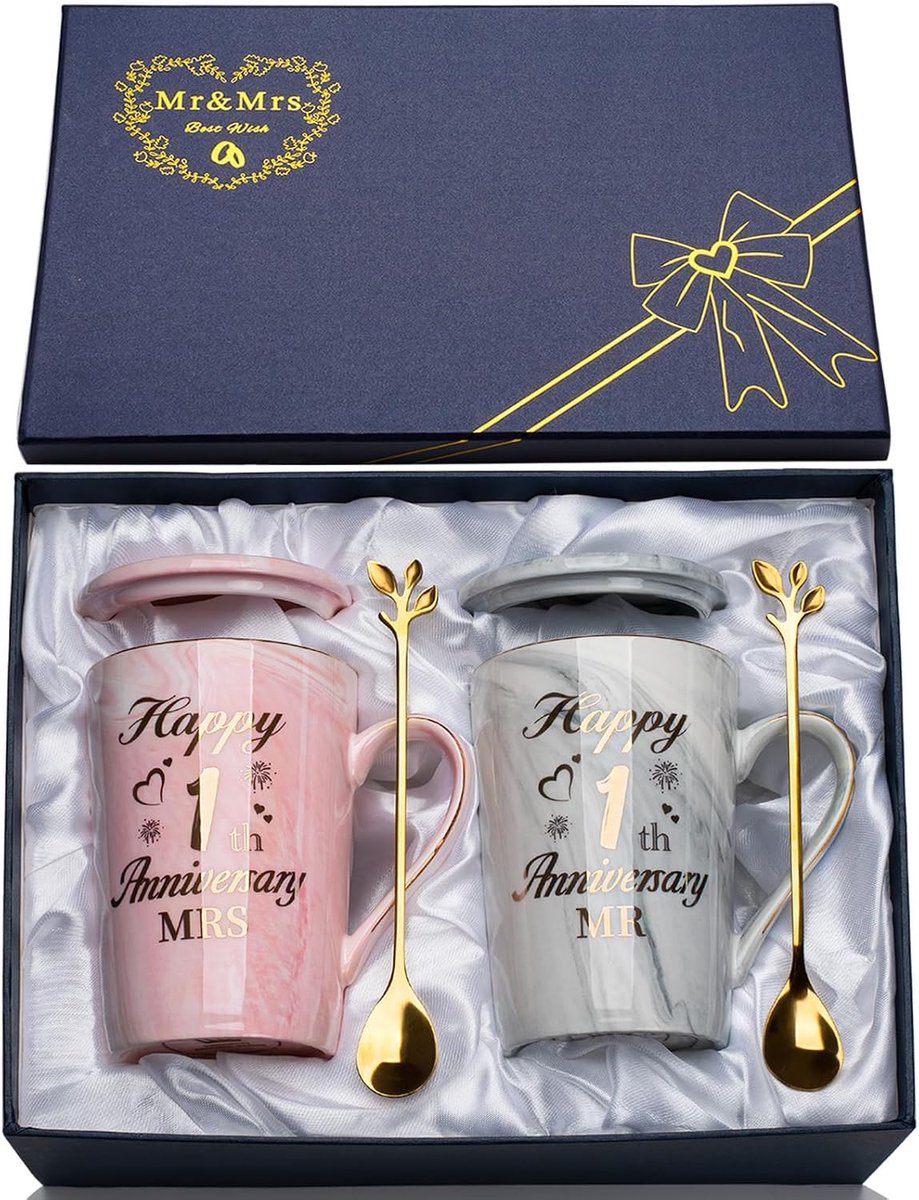 1e huwelijksverjaardag Gif-ts, eerste verjaardag Gif-t, 2 STKS Gelukkige 1e verjaardag Gif-ts Mr en Mrs Gifts Mr en Mrs Gifts Marmeren Keramische Cup 14oz met lepel, Geschenkdoos, Eerstejaars