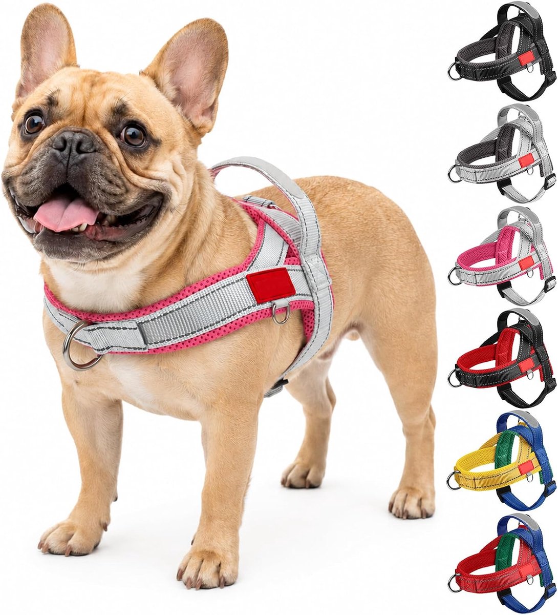 Hondentuig voor puppy's, kleine en middelgrote honden, anti-trekharnas met handgreep, verstelbaar, reflecterend, gevoerd borstharnas, anti-trek, puppyharnas (grijs, rozerood, L)