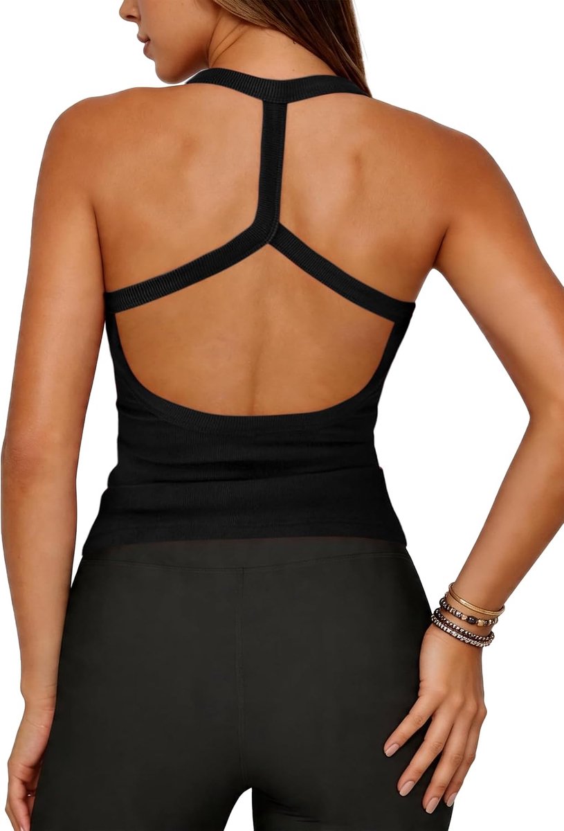 Tanktop voor dames, sexy haltertop, crop-top, racerback, rugvrij, bovenstuk, basic ribgebreid shirt, mouwloos, zomer, top, slim fit, stretch, camisole, casual tanktop voor sport, yoga, party
