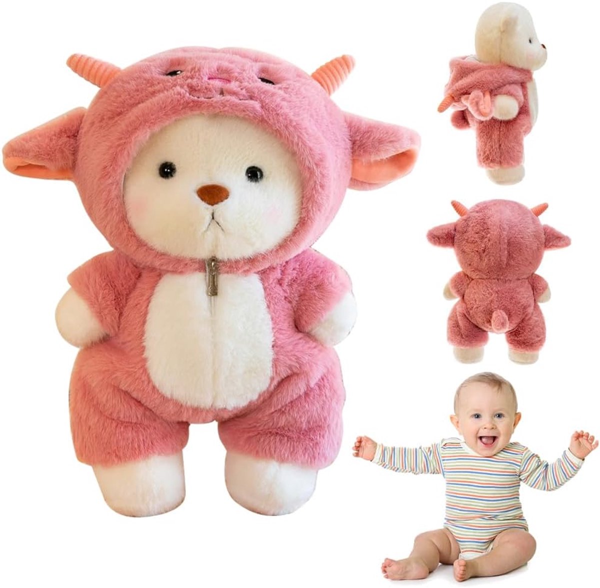 Teddybeer met schaappostuum, 30 cm, pluche beer, teddybeer knuffeldier met ritssluiting, cadeau voor kinderen, jongens, meisjes, verjaardag (roze)