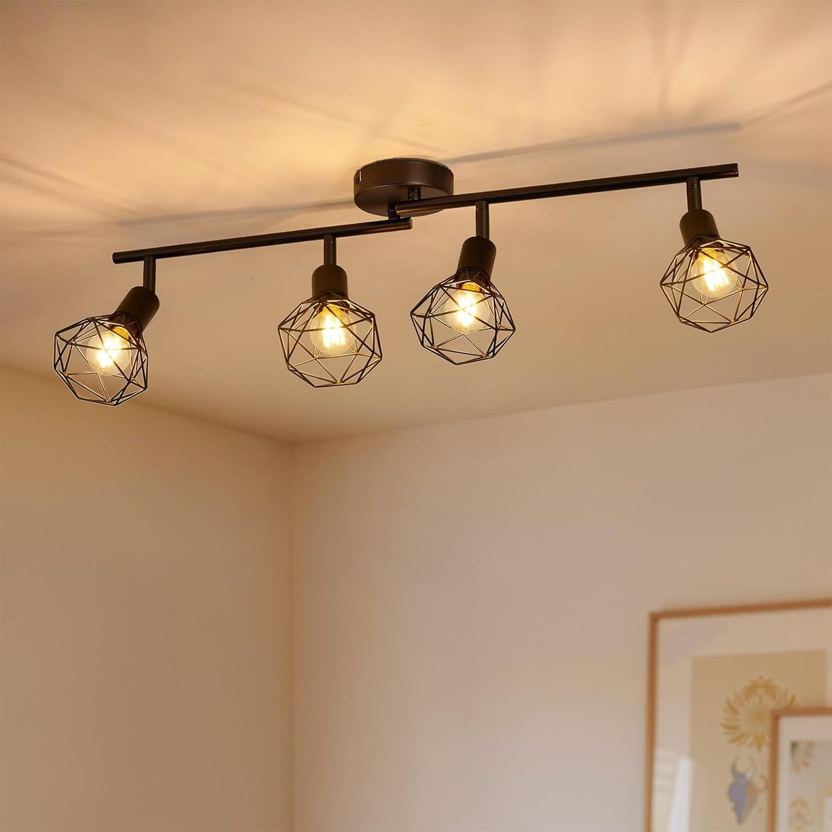 Plafondlamp, zwart, 4 vlammen, E14 plafondspot, vintage, industrieel, metaal, plafondspot, keukenlamp, plafondspots voor binnen, voor hal, kantoor, slaapkamer, zonder lamp