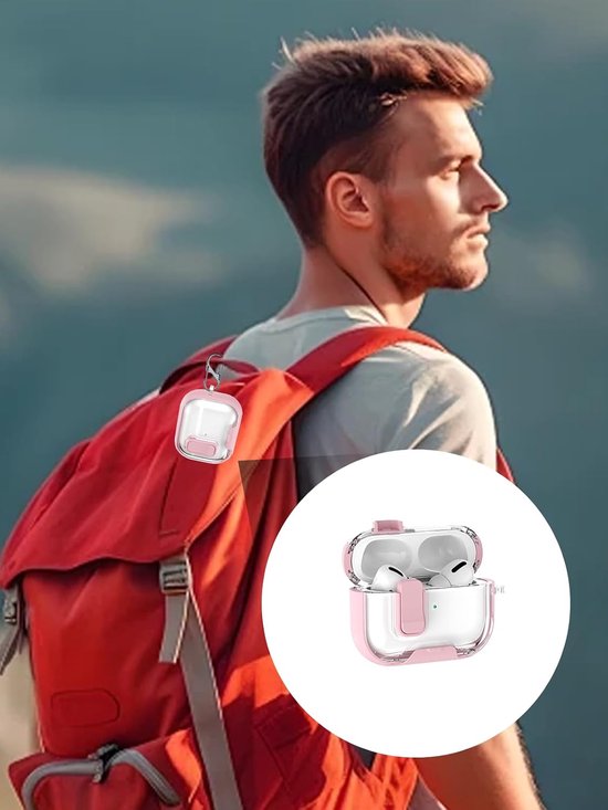 Hoes voor AirPods Pro 3/Pro3 oordopjes, zachte TPU + PC transparante cover, met beugelfunctie, waterdicht, schokbestendig, eenvoudig te dragen, met koord, sleutelhanger en reinigingsset, roze — afbeelding 5
