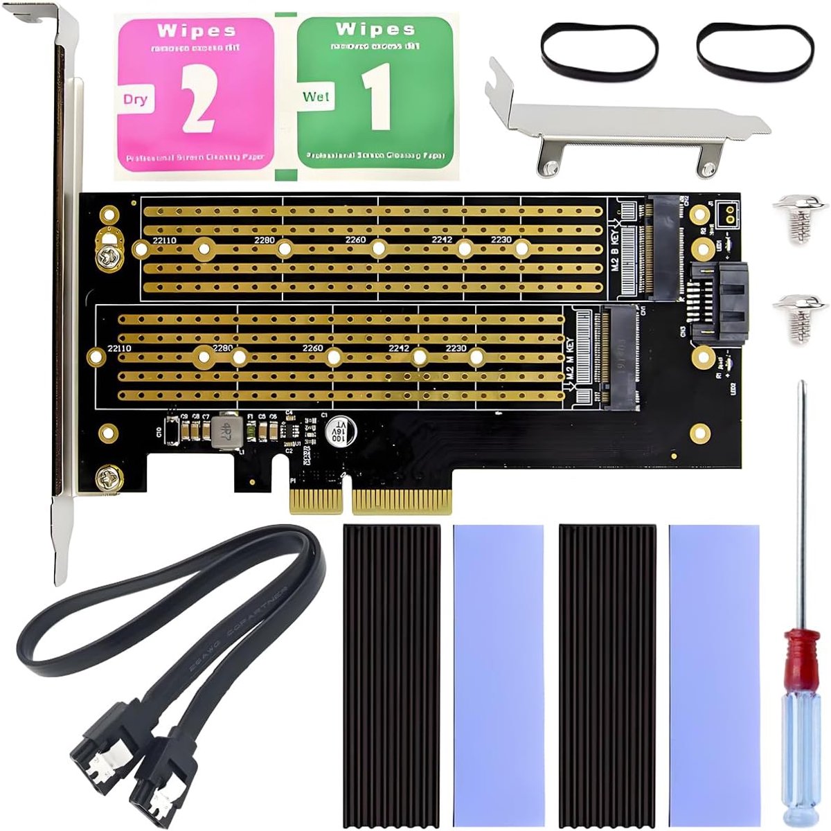 M.2 PCIe SSD Adapter Card for M.2 NVMe or SATA, 22110 2280 2260 2242 2230 M.2 SSD NVME (M-Key) and SATA (B-Key) Dual Bay Expansion Card to PCI-E X4 with Heat Sink and SATA Cable