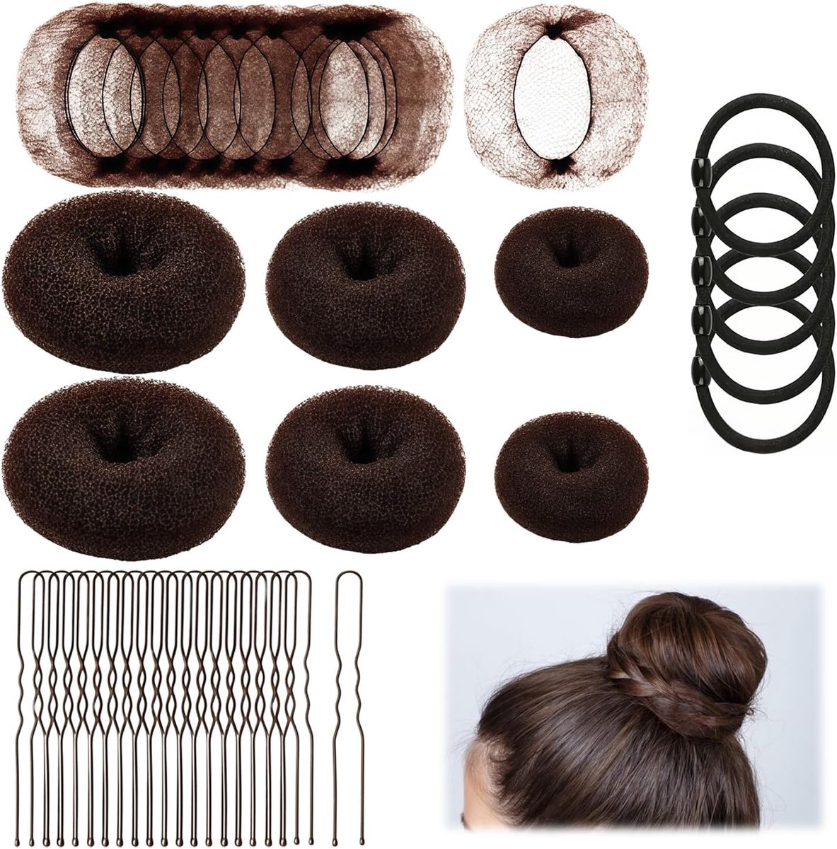 Knotjesmaker Set - 71-Delig in Verschillende Maten, Hair Bun Donut met Haarnetjes en Schuifspeldjes, Elastiekjes voor Dames en Kinderen (Bruin)