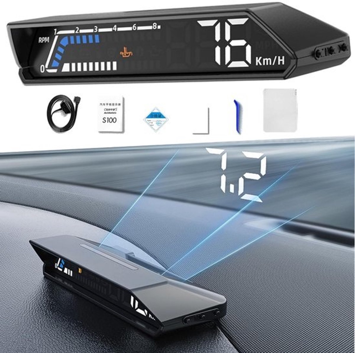 Digitale Tachometer voor Auto met Head-Up Display - Multifunctionele Weergave van Snelheid, Olieverbruik en Watertemperatuur