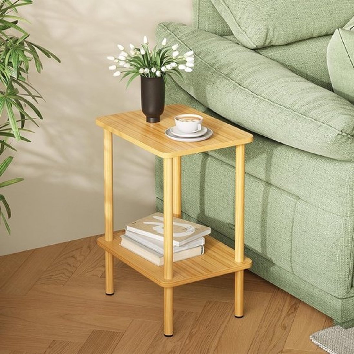 Houten Bijzettafel 2 Niveaus - Smal, 40 x 30 x 52 cm - Eenvoudige Montage, Perfect voor Woonkamer, Slaapkamer en Balkon
