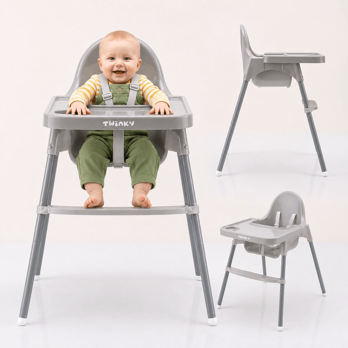 Twinky Kinderstoel ECO - Inklapbaar Eetstoel Baby met Tafel & Tablethouder - 2-in-1 Babystoel & Peuterstoel - Meegroeistoel met Anti Slip Pootjes - Grijs
