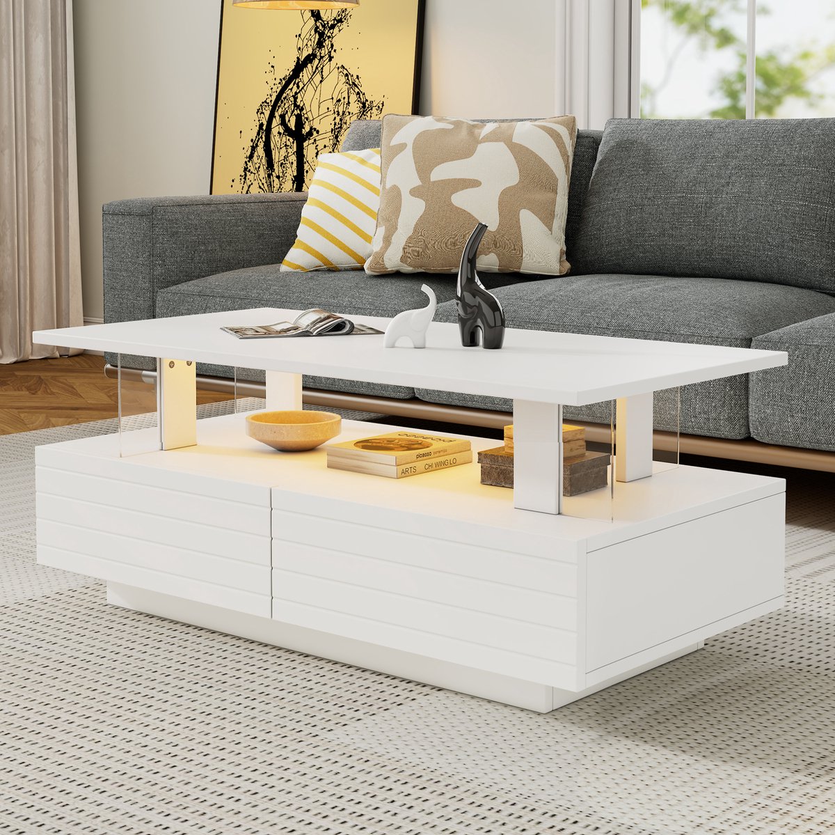 MEUNIQ Witte rechthoekige LED salontafel 100 x 50 x 42 cm met app- en afstandsbediening, open vak, 2 lades en opbergruimte voor woonkamer