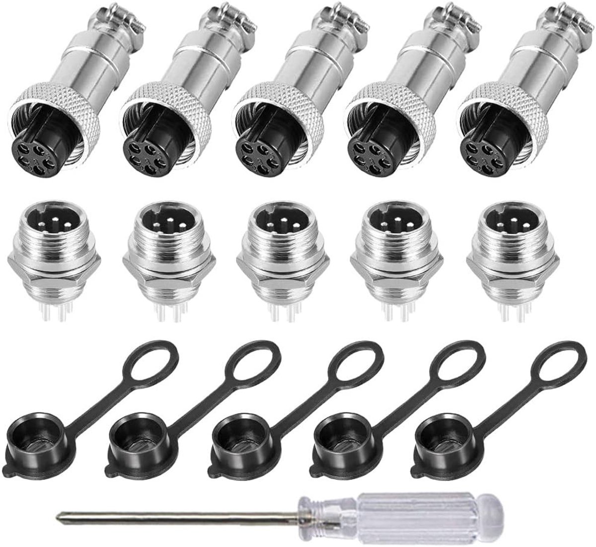 Set van 5 metalen 5-pins GX12 luchtvaartstekkers, 12 mm schroefdraad, 5A connectoren met rubberen kap voor betrouwbare verbindingen
