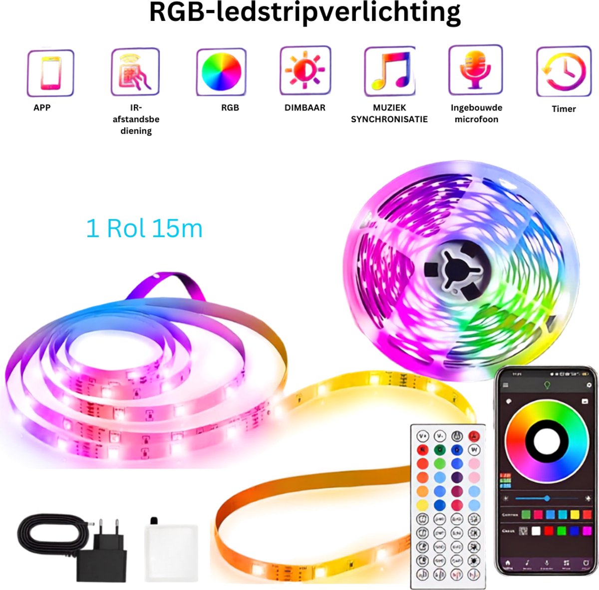 DYVNS® LED Strip 5 Meter - Dimbaar - Gekleurd Licht - Met Afstandsbediening en App - Muzieksynchronisatie