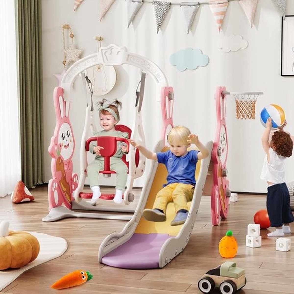 4-in-1 glijbaan voor kinderen met schommel en basketbalmand - roze