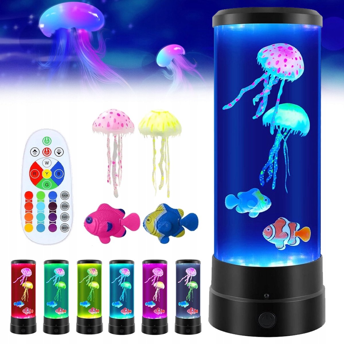 Kwallenlamp Met 17 Kleurwisselende Standen En 4 Lichtmodi – 2 Kwallen En 2 Vissen Met Borstelloze Motor – USB-Voeding – Rustgevend Aquarium-Sfeerlicht – Zwarte Voet, 28,5 cm