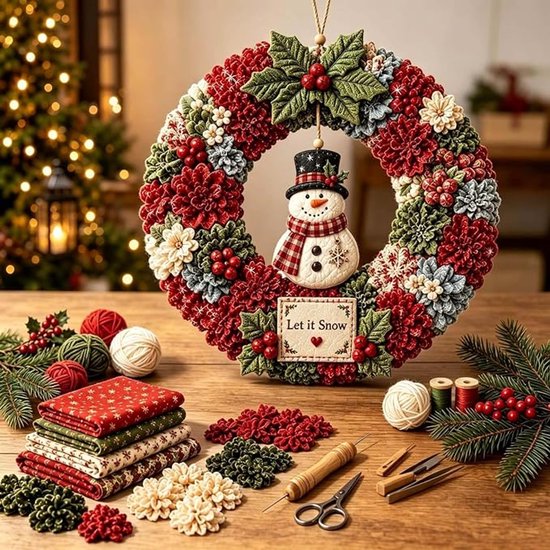 Kerstkrans - Kerstkrans maken kit - DIY kerstkrans kit - 3D stof poke krans doe-het-zelf kit - Naaiprojectpakket - Sneeuwman C
