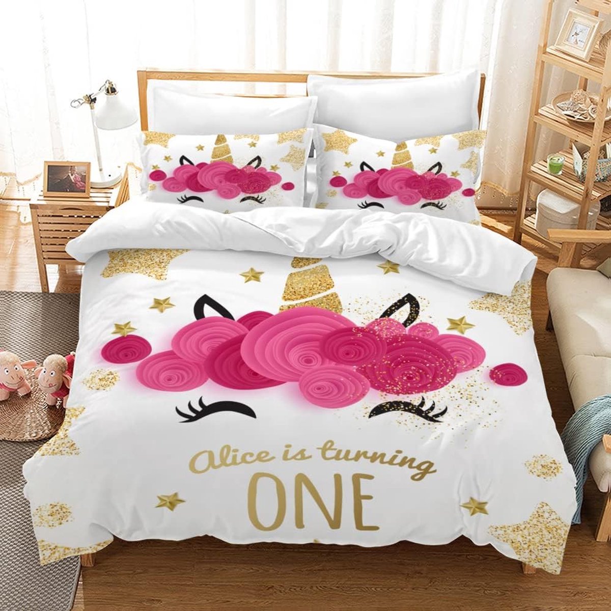 220 x 240 cm, voor kinderen, jongens en meisjes, met 2 kussenslopen van 50 x 75 cm, roze, dekbedovertrek eenhoorn voor 2 personen, met ritssluiting