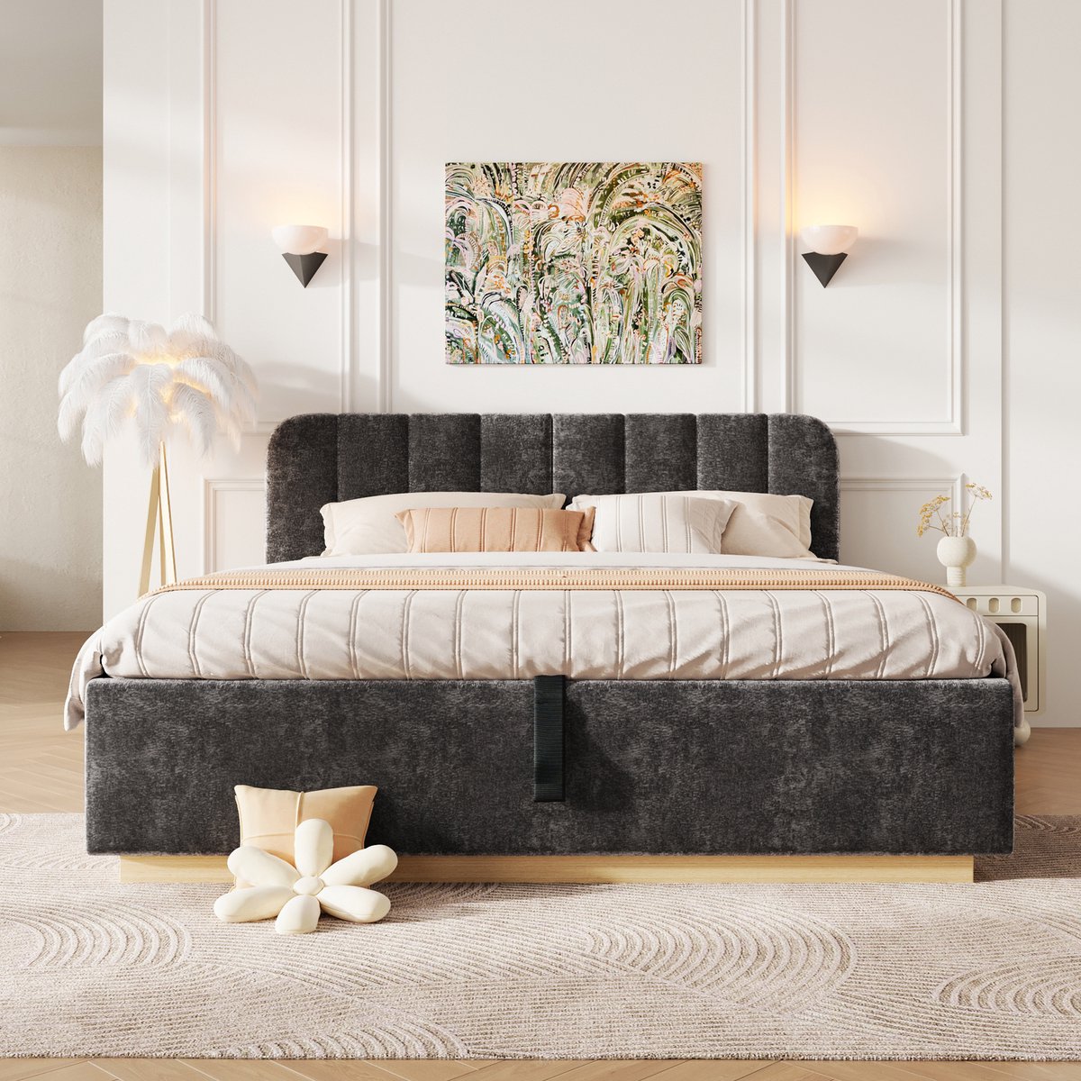 Merax Gestoffeerd bed 140 x 200 cm - met bedframe en hoofdeinde - met opbergruimte - met LED-verlichting - donkergrijs - zonder matras