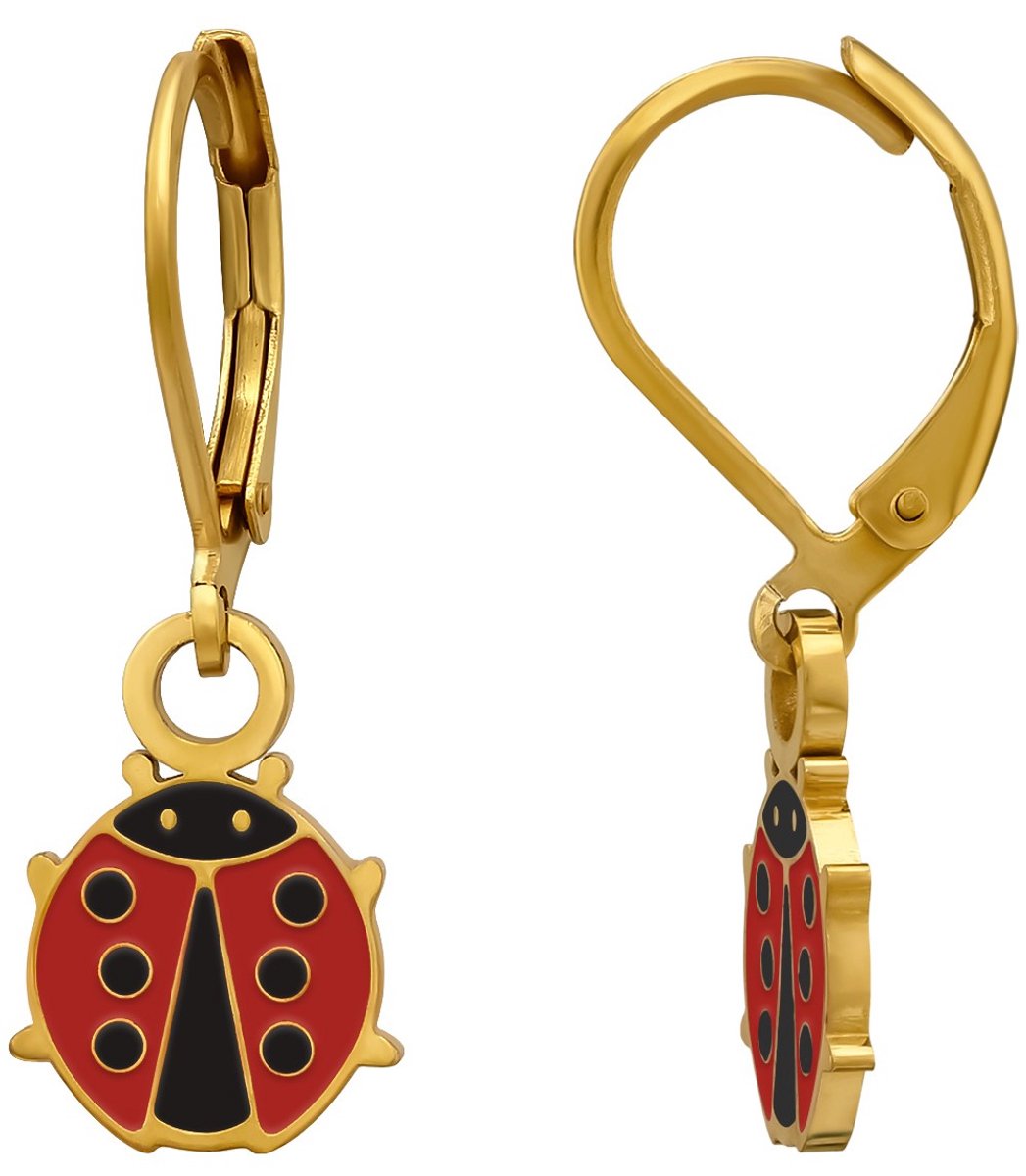 Joy|S - Lieveheersbeestje bedel oorbellen - Brisure sluiting - Chirurgisch staal - rood - ip/pvd gold plated - lieveheersbeestje met leverback - kinderoorbellen